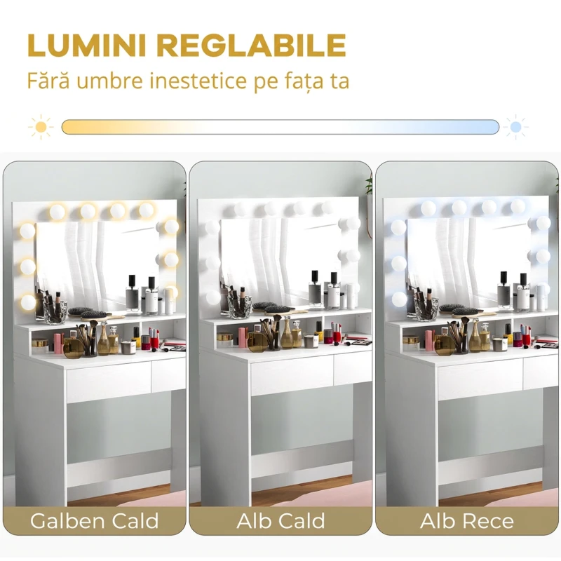 HOMCOM Masă de Machiaj cu Oglindă și 10 Lumini LED Reglabile, 2 Sertare și 3 Compartimente, 80x40x135 cm, Alb