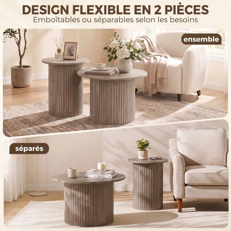 HOMCOM Lot de 2 Tables Basses Rondes en Bois, Table d'Appoint Moderne avec Base en Colonne Cannelée, Effet Bois Café Vieilli
