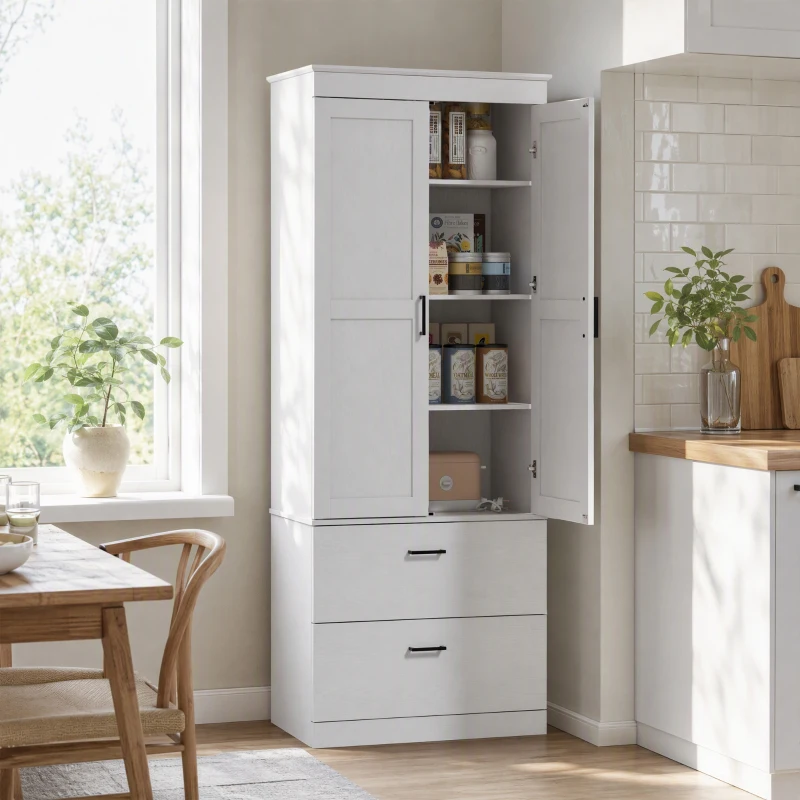 HOMCOM Bufet Înalt de Bucătărie 178 cm, Dulap Tip Cămară cu 2 Sertare și Rafturi Reglabile, pentru Dining și Living, 75x39x178 cm, Crem