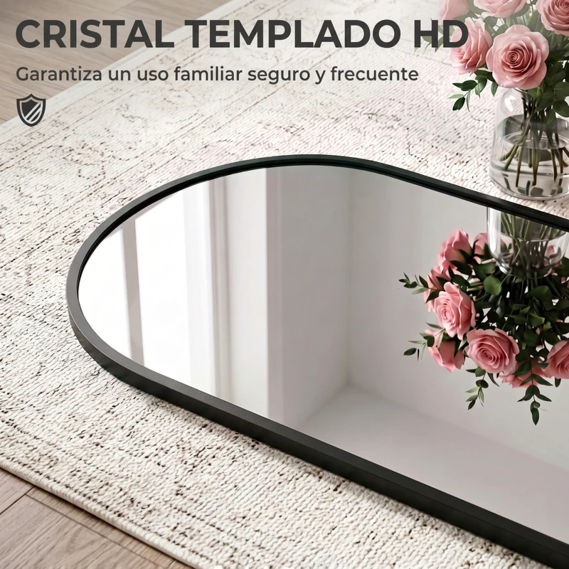 HOMCOM Espejo de Pared 40x110 cm Diseño Arqueado con Ganchos Ajustables para Puerta o Pared Negro