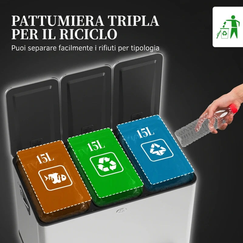 HOMCOM Pattumiera Differenziata 45L con 3 Scomparti a Chiusura Silenziosa, in Acciaio Inox e PP, 61.9x36.6x43.2 cm, Argento