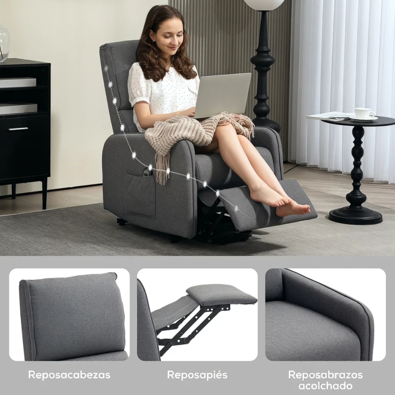 HOMCOM Elektrischer Relax-Sessel mit Aufstehhilfe in Leinenoptik, Fernbedienung, Sitz mit Federn, Fußstütze, Grau