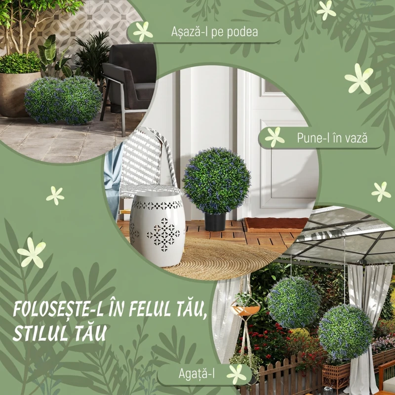 HOMCOM Set de 2 plante artificiale sferice cu flori de lavandă pentru casă și grădină Ø42cm, verde și violet