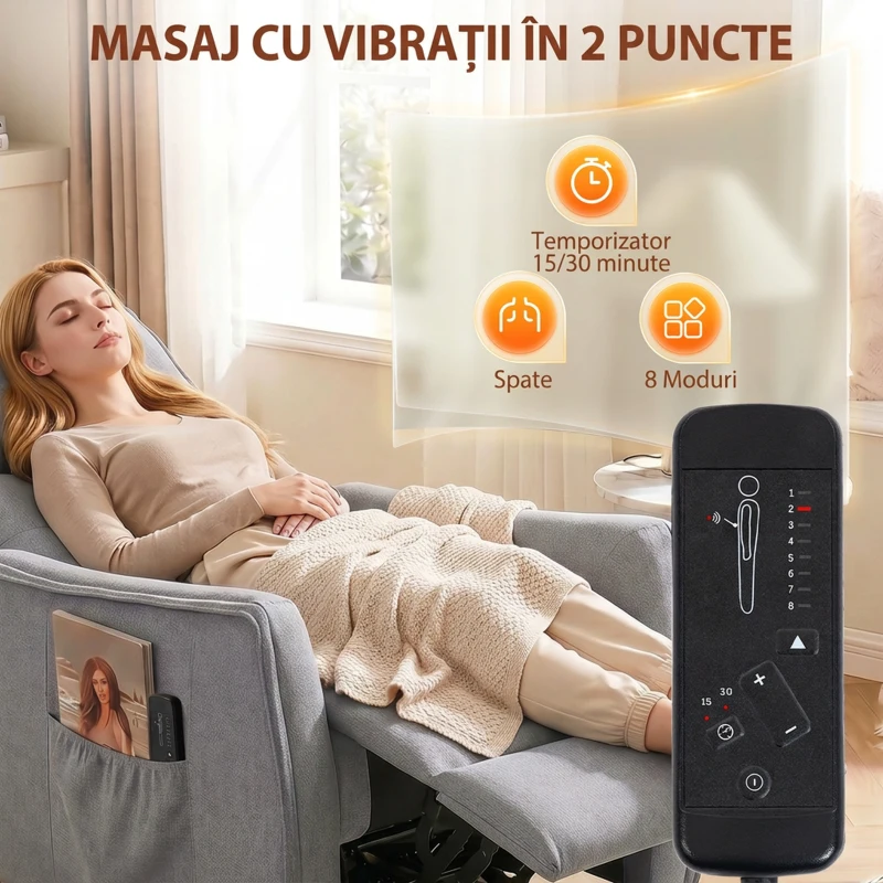 HOMCOM Fotoliu cu Masaj Reclinabil Manual, Țesătură cu Efect de In Telecomandă, Gri Deschis