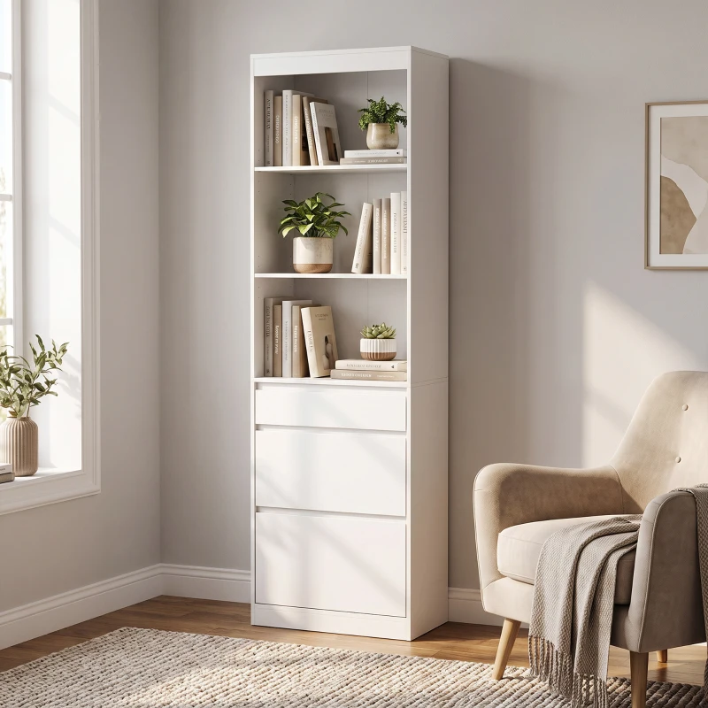 HOMCOM Bookcase with Drawers Adjustable Shelves Book Shelf for Study Living Room White