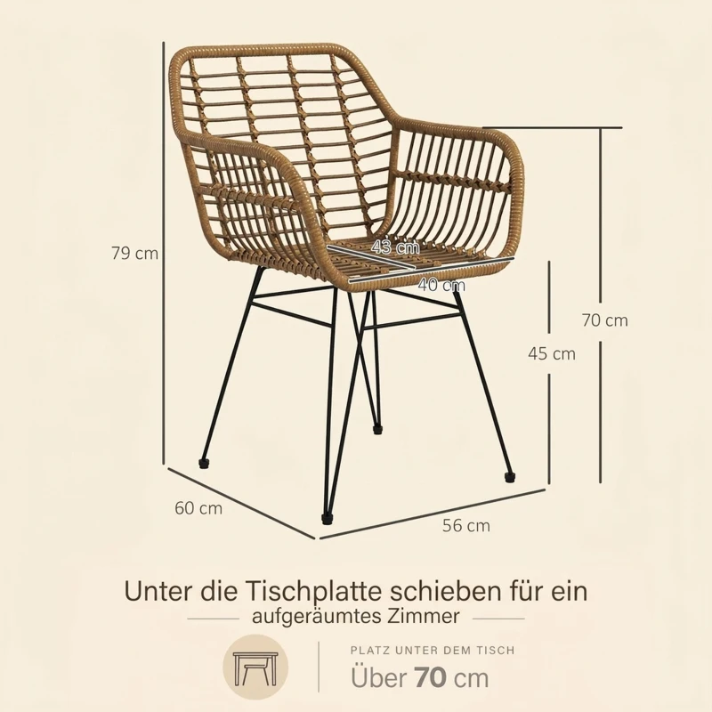 HOMCOM 2-er-Set Stühle im Boho-Stil, Küchenstühle, PE-Rattan, 56 x 60 x 79 cm, Natur + Schwarz