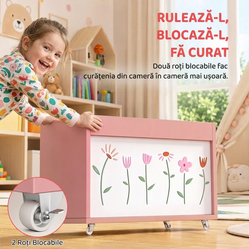 AIYAPLAY Cufăr pentru jucării copii 3-8 ani cu roți, 34,5 L, 15 kg, 50 x 30 x 33,5 cm, pentru dormitor, roz