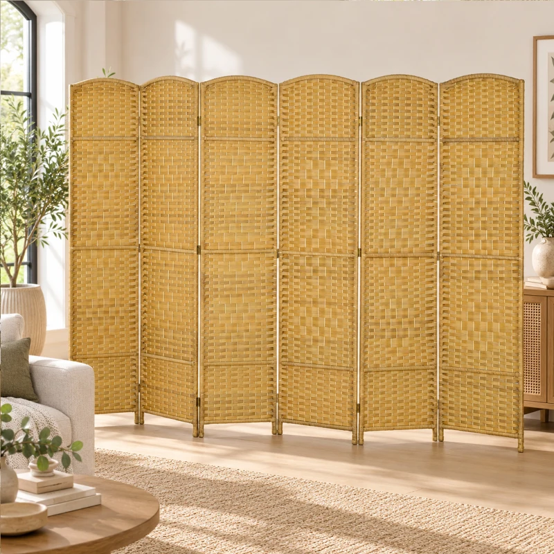 HOMCOM Roomdivider, 6-delige opvouwbare Scheidingswand, Vlechtpatroon, Grenenhout, Naturel Hout