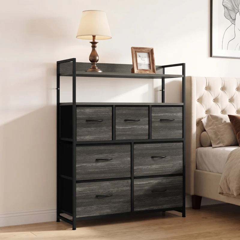 HOMCOM Chest of Drawers, Bedroom Fabric Dresser with 7 Drawers, Storage Organiser Unit with Open Shelves, Grey Wood-Effect