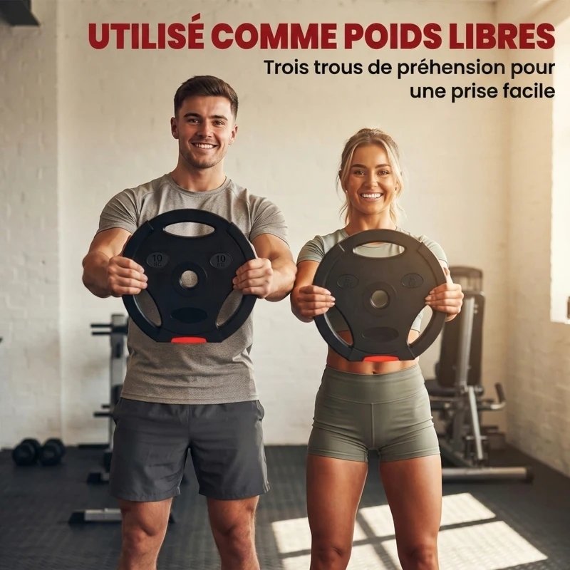 SPORTNOW Disques de Poids, Plaques de Poids 2 x 5 kg et 2 x 10 kg, à Trois Poignées avec Trous de Ø 25 mm, Noir