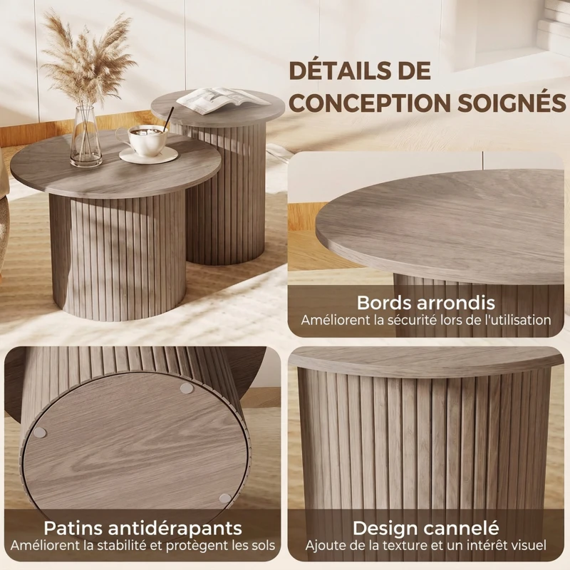 HOMCOM Lot de 2 Tables Basses Rondes en Bois, Table d'Appoint Moderne avec Base en Colonne Cannelée, Effet Bois Café Vieilli