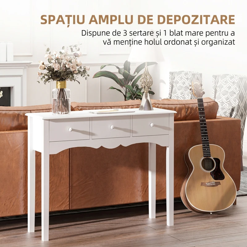 HOMCOM Masă Consolă Modernă de Intrare din MDF cu 3 Sertare, 100x32x85 cm, Alb