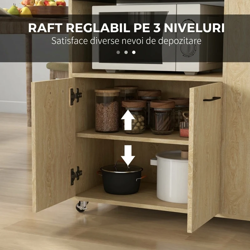 HOMCOM Cărucior de Bucătărie din PAL cu Raft Deschis, Dulap cu 2 Uși și Raft Lateral, 75x40x80,5 cm