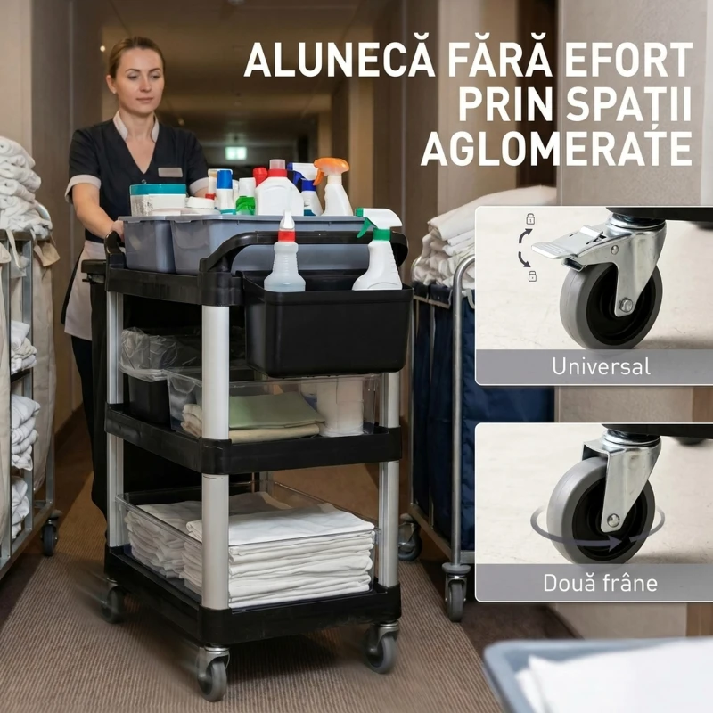 HOMCOM Carucior Profesional pentru Curățenie cu 3 Rafturi, 2 Recipiente Detașabile, Găleată Laterală și 4 Roți, Negru