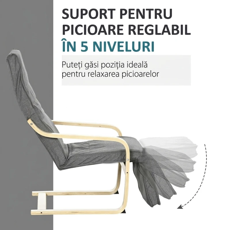 HOMCOM Fotoliu Relax cu Suport pentru Picioare, 5 Niveluri și Tetieră din Lemn de Mesteacăn și Țesătură, Gri