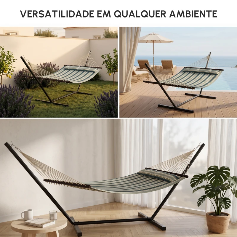 Outsunny Cama Rede com Suporte Portátil Almofada Removível Barras Estabilizadoras Exterior 353x94x115 cm Verde