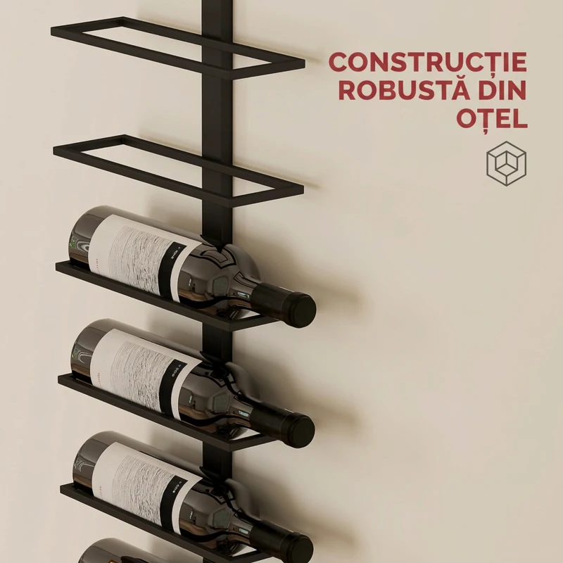 HOMCOM Suport de sticle de perete cu 10 rafturi din oțel, negru, pentru 10 sticle, 27x10x116 cm