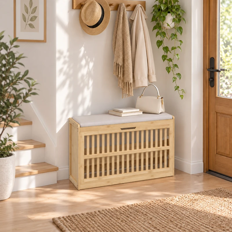 HOMCOM Schuhbank mit Sitzfläche, Bambus Schuhregal mit belüftete Kippaufbewahrung Verstellbare Ablage Sitzkissen 80 x 30 x 48cm