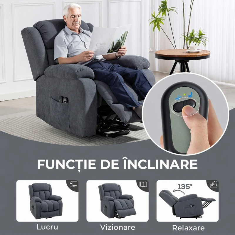 HOMCOM Fotoliu Electric cu Ridicare și Reclinare 135° în Material Textil Efect In cu Suport Picioare, Gri Închis