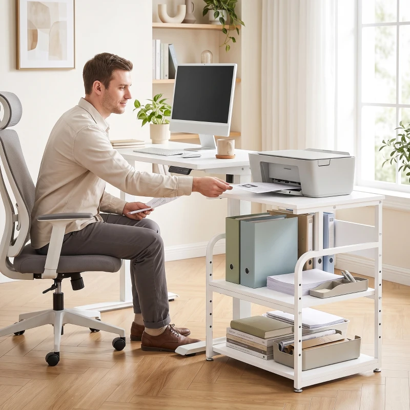 HOMCOM Soporte para Impresora con Ruedas 3 Niveles y Estante Ajustable 60x50x68 cmBlanco