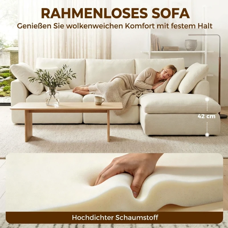 HOMCOM Modulares Ecksofa mit wendbarer Ottomane, wolkenweiches Chenille-Sofa in L-Form, breite Sitzfläche, cremeweiß