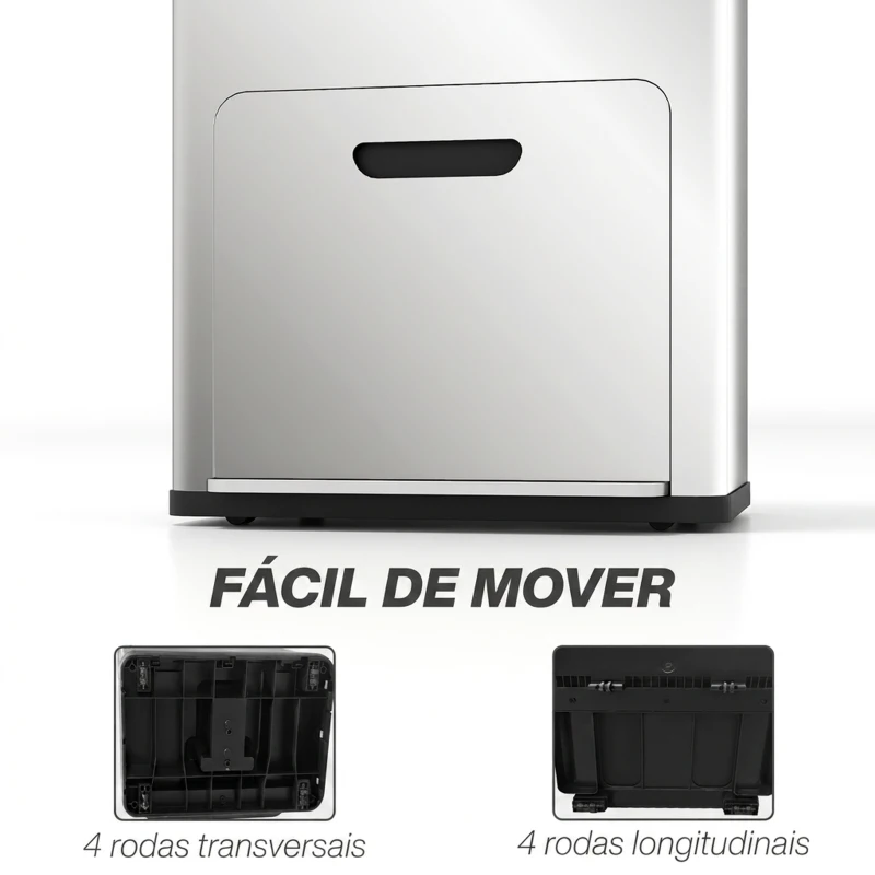 HOMCOM Caixote do Lixo de Cozinha 3 Compartimentos 2x18L+20L (56L) em Aço Inoxidável com Rodas e Tampa de Fecho Suave, Prateado