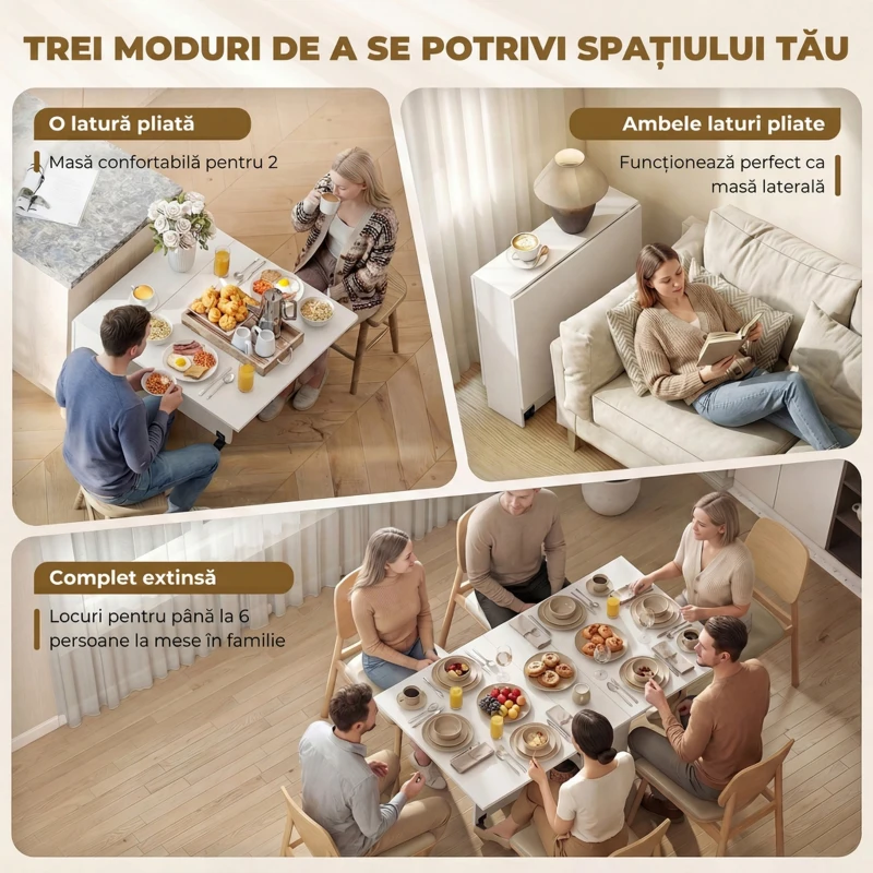 HomCom masa pliabila din lemn, cu roti, 75x140x74cm, alba | Aosom Ro