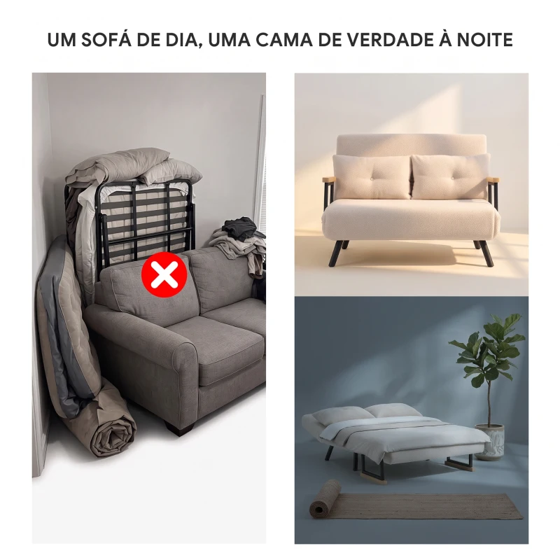 HOMCOM Sofá Cama Convertível 2 Lugares Dobrável com Encosto Ajustável em 5 Níveis e 2 Almofadas 102x73x81 cm Bege Creme