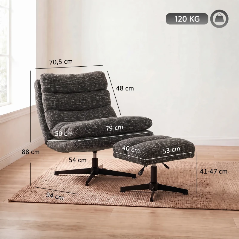 HOMCOM Sessel mit höhenverstellbarem Fußhocker 360° drehbarer Chenille-Lesesessel Breiter Sitz Dicke Polsterung Grau