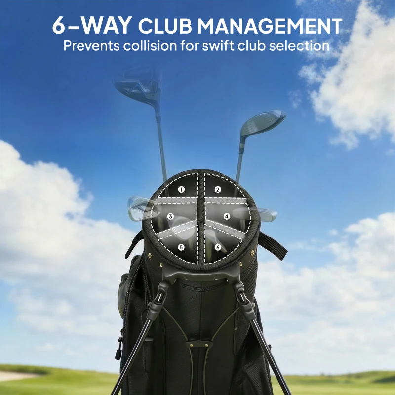 Outsunny Golf Stand Bag 6 Way Full-Length Dividers, Waterproof Golf Bag with 5 Pockets, Black