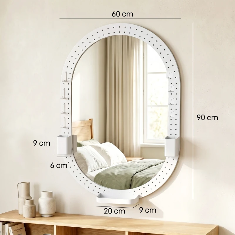 HOMCOM Espelho de Parede Decorativo com Painel Perfurado 90 x 60 cm para Sala e Quarto, Branco