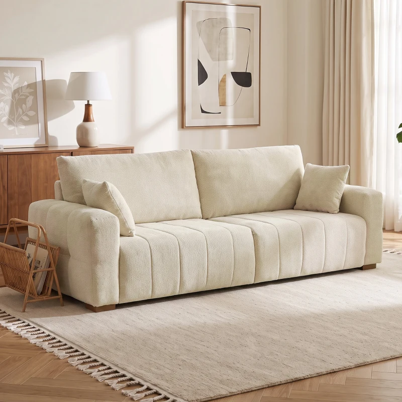 HOMCOM 3-Sitzer Sofa mit bodentiefen Armlehnen gepolsterte Wohnzimmercouch Holzbeine Cremeweiß
