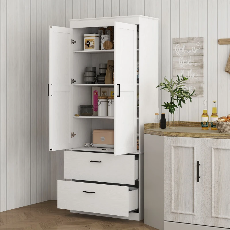 HOMCOM Bufet Înalt de Bucătărie 178 cm, Dulap Tip Cămară cu 2 Sertare și Rafturi Reglabile, pentru Dining și Living, 75x39x178 cm, Crem
