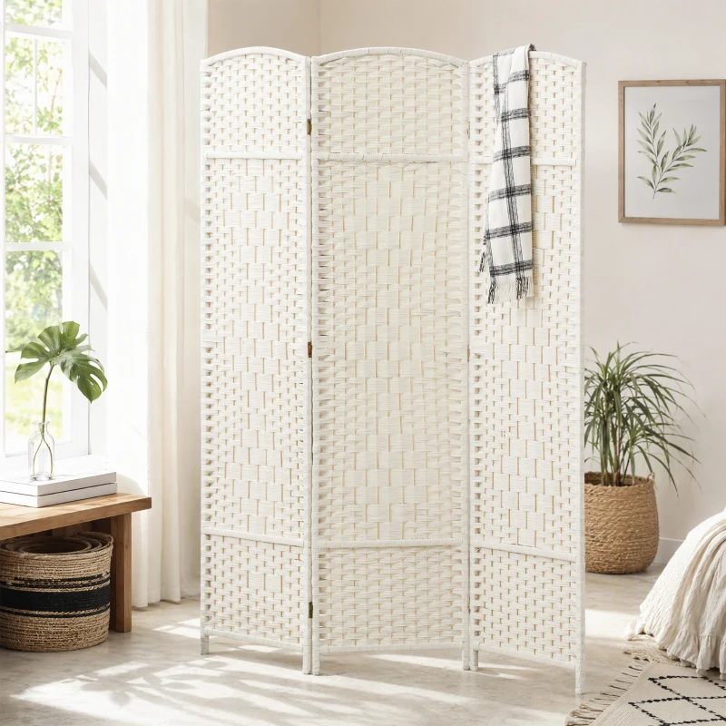HOMCOM Separador de Ambientes de 3 Paneles Biombo Plegable 135x180 cm Pantalla de Privacidad de Polipropileno Blanco