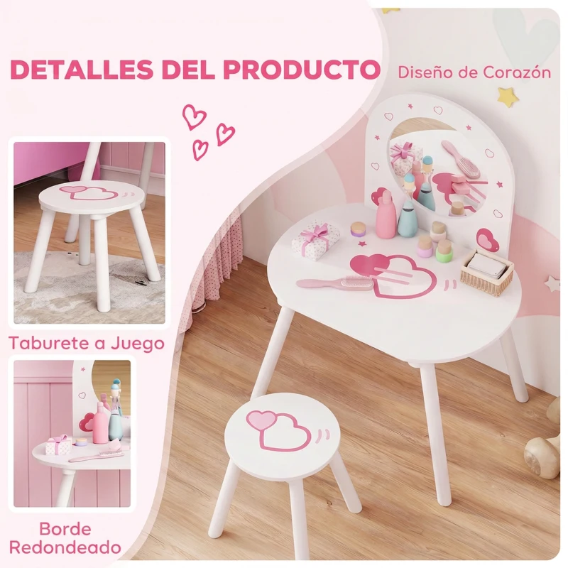 AIYAPLAY Tocador Infantil con Taburete y Espejo Tocador para Niñas con Dibujos de Corazones para Niños y Niñas de 3-6 Años Blanco