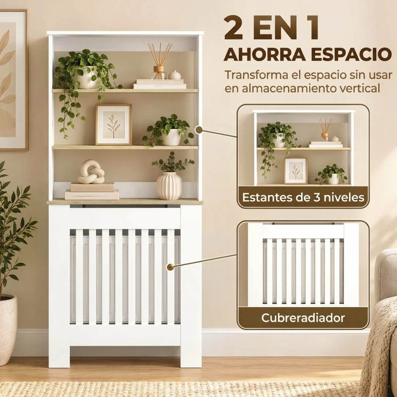 HOMCOM Cubre Radiadores con Estantería de 3 Niveles Cubreradiador Moderno de MDF Diseño de Lamas 78x19x165 cm Blanco