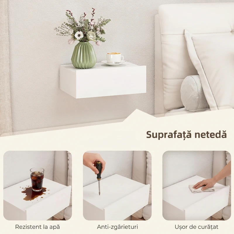 HOMCOM Set de 2 Noptiere Suspendate Moderne cu Sertar din Lemn, 40x30x15cm, Alb