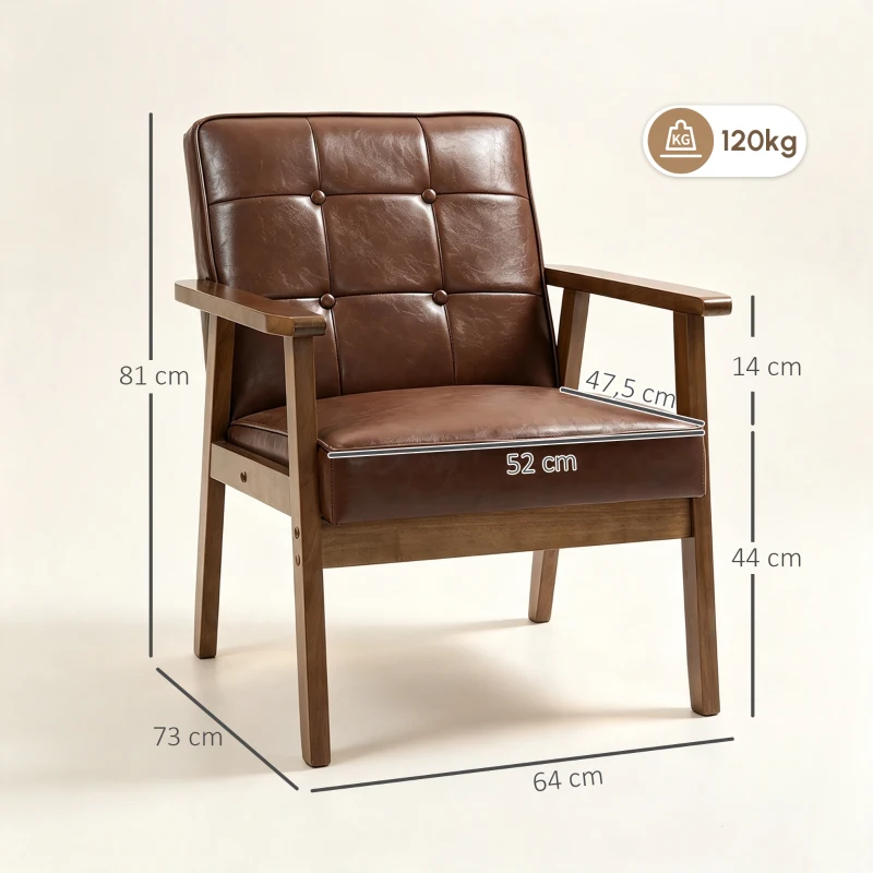 HOMCOM Poltrona Sala de Estar Estofada em PU com Apoio para os Braços e Estrutura de Madeira de Borracha 64x66x80 cm Marrom