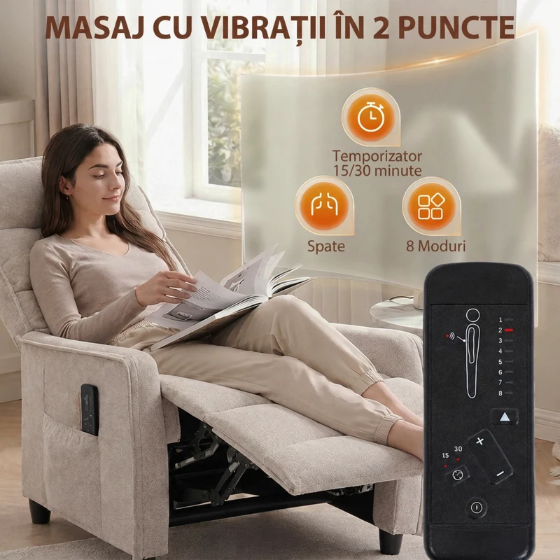 HOMCOM Fotoliu Masaj Reclinabil Manual din Material Textil Tip In cu Telecomandă, Crem