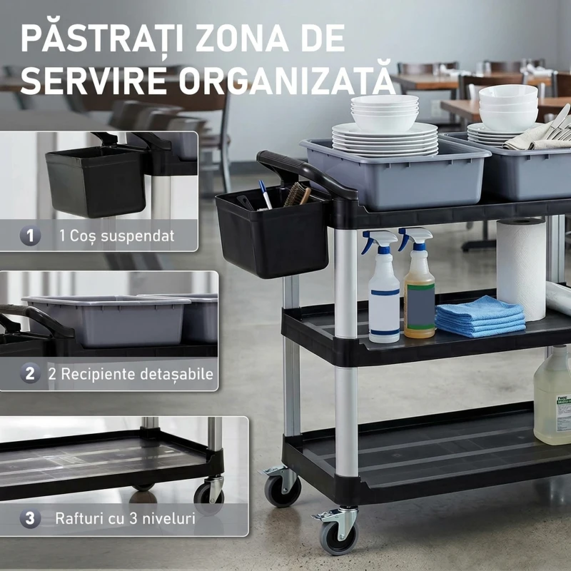 HOMCOM Carucior Profesional pentru Curățenie cu 3 Rafturi, 2 Recipiente Detașabile, Găleată Laterală și 4 Roți, Negru
