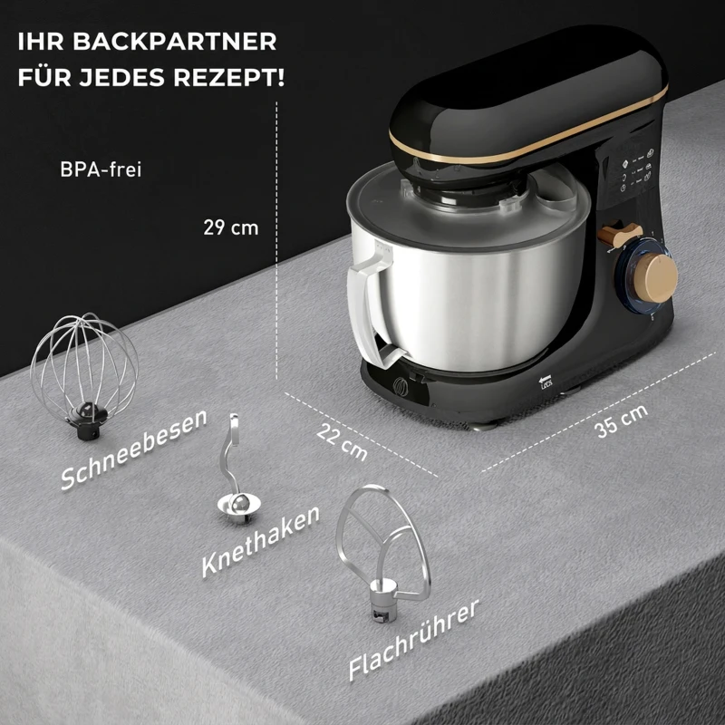 HOMCOM Küchenmaschine Knetmaschine mit 4,5L Edelstahlschüssel 1300W Teigmaschine mit 6+P Geschwindigkeit Beige