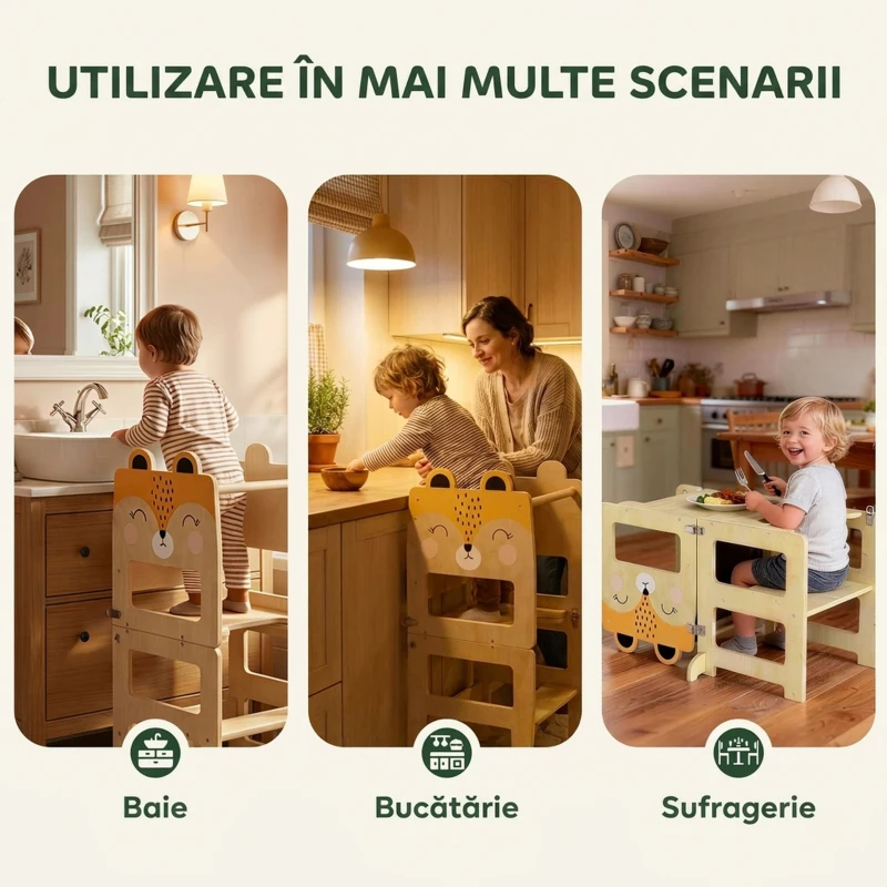 AIYAPLAY Turn Montessori pentru Copii 2-5 Ani cu Tablă și Măsuță, din Lemn, 57x39x93 cm, culoare Lemn
