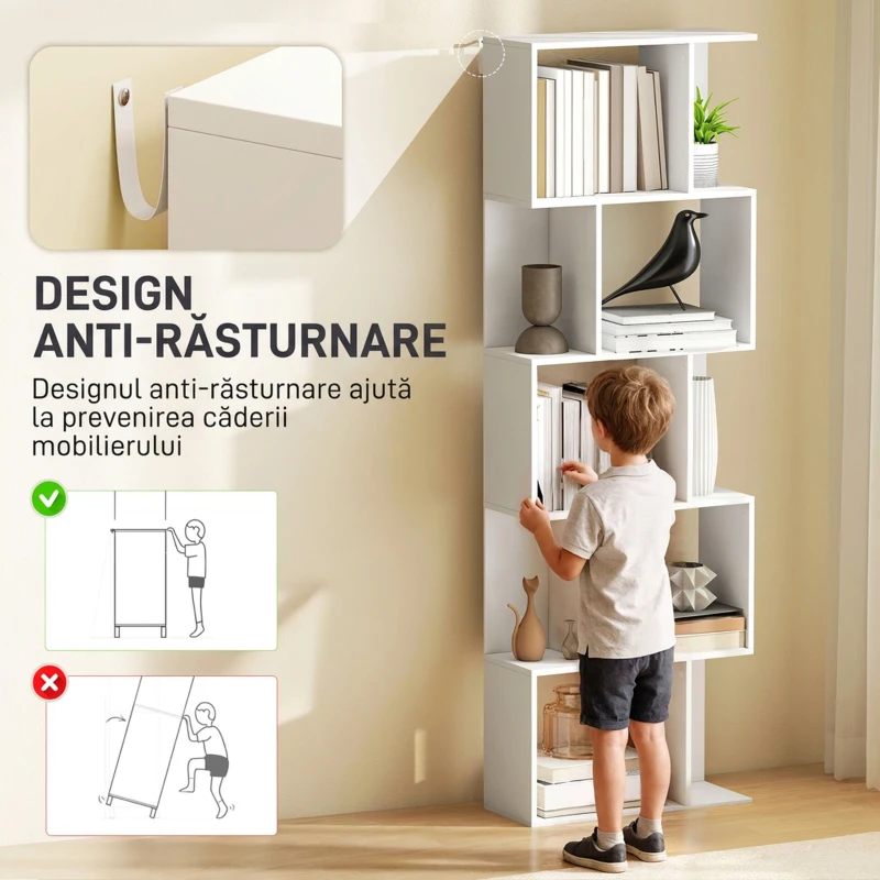 HOMCOM Bibliotecă din lemn cu 5 rafturi și separator, 60x24x184,5 cm, alb