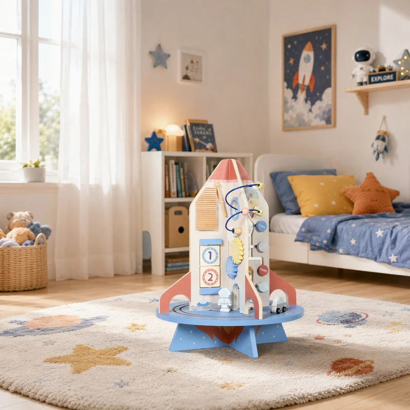 AIYAPLAY Cubo de Actividades de Madera Tema Cohete Juguete Montessori con Engranajes Laberinto de Cuentas Reloj Giratorio