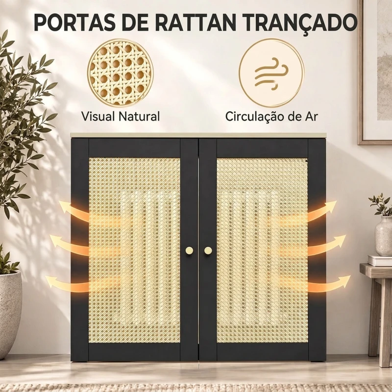 HOMCOM Cobertura para Radiador com 2 Portas em Rotim para Sala de Estar e Quarto 78x19x75 cm Preta