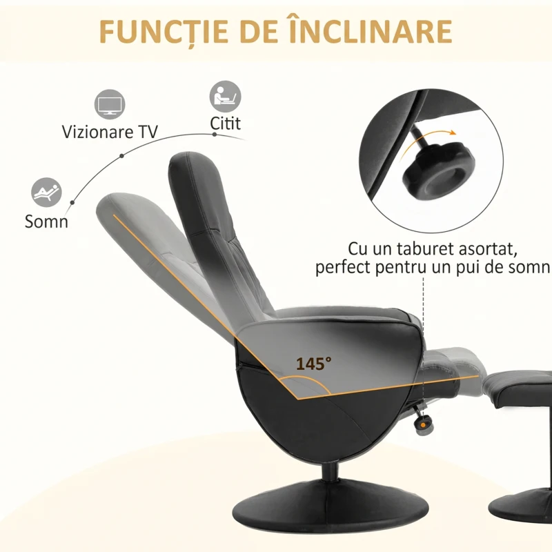 HOMCOM Fotoliu Relax Rotativ 360° din Metal și Piele Sintetică, cu Suport pentru Picioare, Spătar Reglabil, Negru