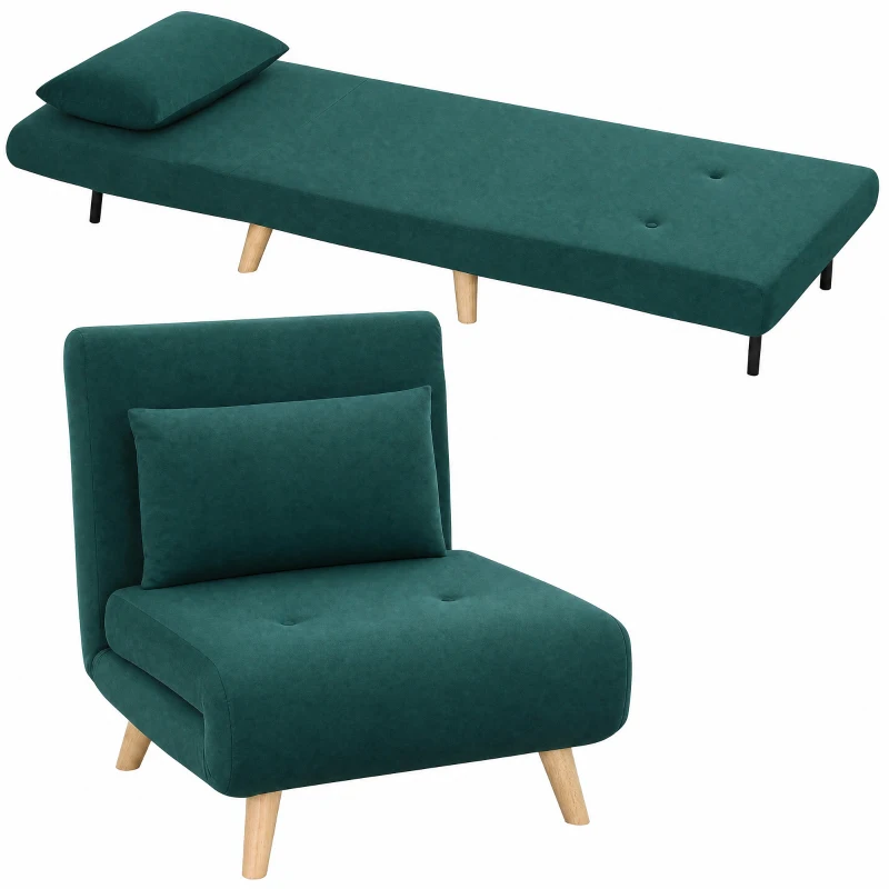 HOMCOM 3-in-1 slaapfauteuil, uitklapbare fauteuil met bedfunctie, verstelbare click-clack-rugleuning, poten van rubberhout, donkergroen