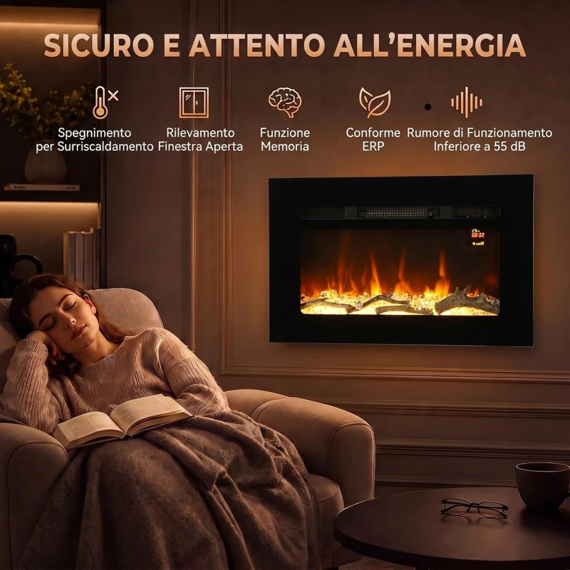 HOMCOM Caminetto Elettrico 60 cm da Incasso o Parete, 1800W, Timer, Fiamma Regolabile e Telecomando, Nero