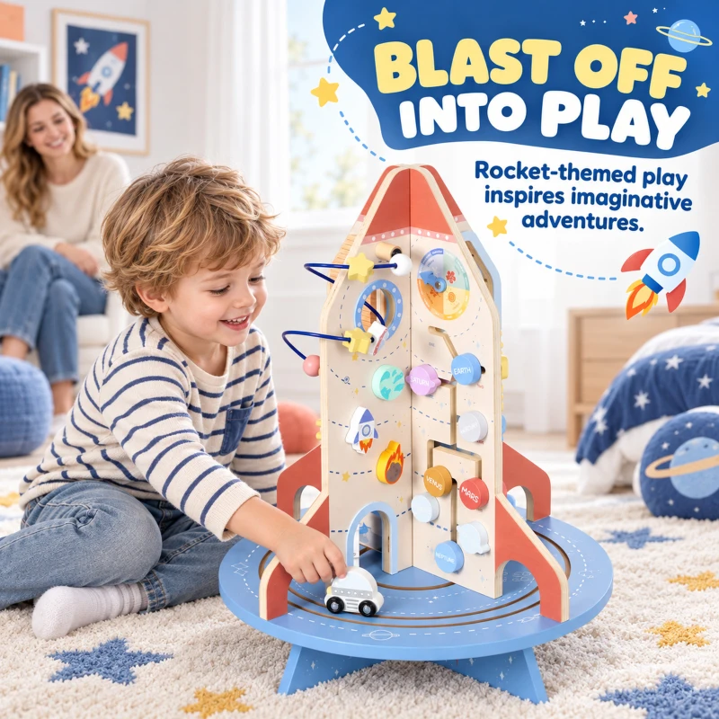 AIYAPLAY Wooden Activity Cube, Rocket Theme Educational Toys with Shape Sorter & Bead Maze for Toddlers 24M-6Y Fine Motor Skill