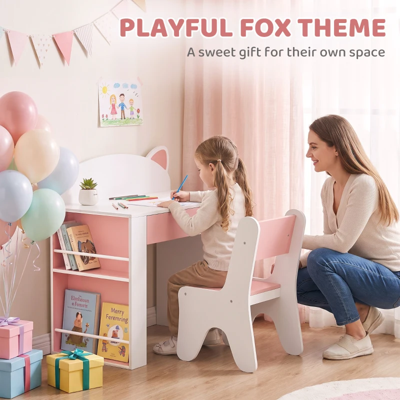 AIYAPLAY Bureau et Chaise pour Enfant 2 Pièces, Ensemble Table d'Activité, Tiroir, Bibliothèque pour Dessin, Lecture, Blanc Rose